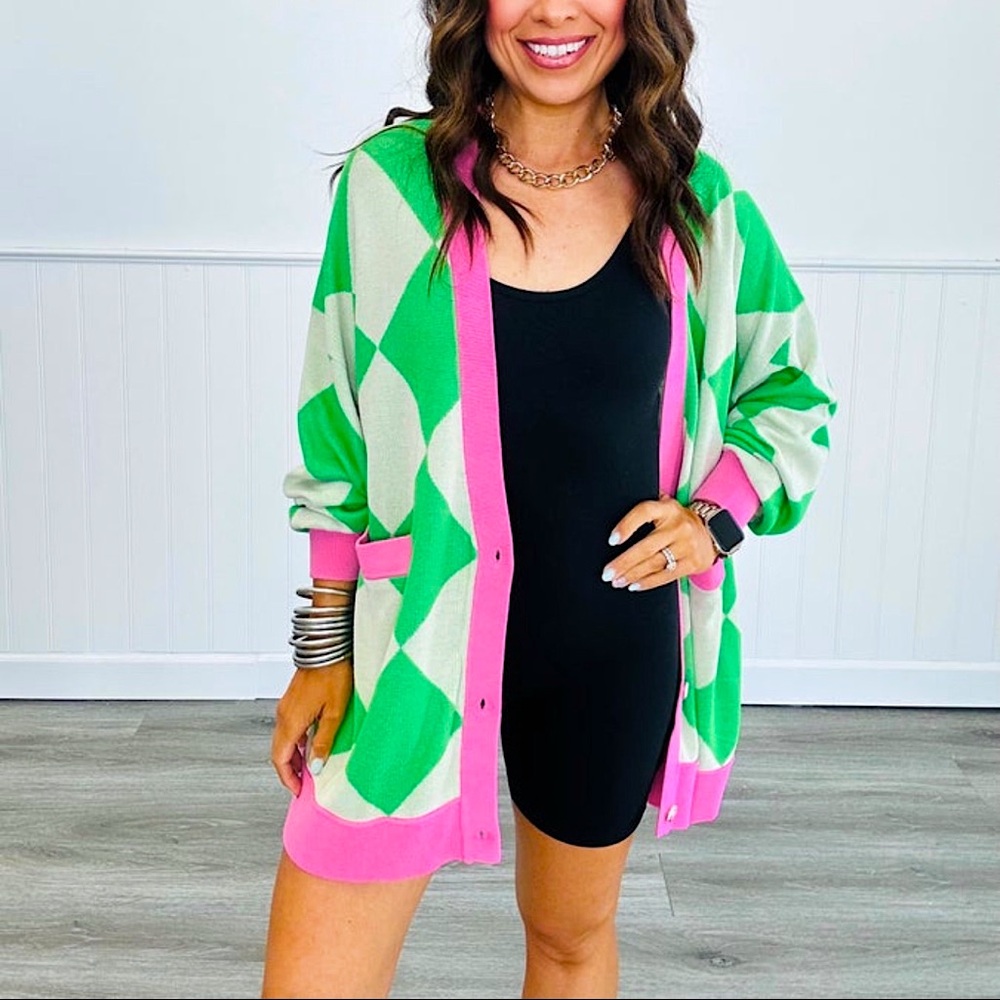 🆕💚FIRST LOVE: Green Argyle Sweater Cardigan SMALL